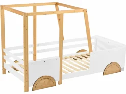 Online Merax Cama cabina - 90 x 200 cm - MDF y pino - somier de láminas - colores blanco y natural Color natural claro