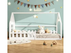 Merax Cama cabina 90 x 200 cm, cama infantil con ventana, Madera de pino, Somier de láminas,