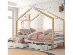 Merax Cama cabina 90 x 200 cm con 2 cajones - Madera maciza - Somier de láminas - + color madera (Sin colchón)