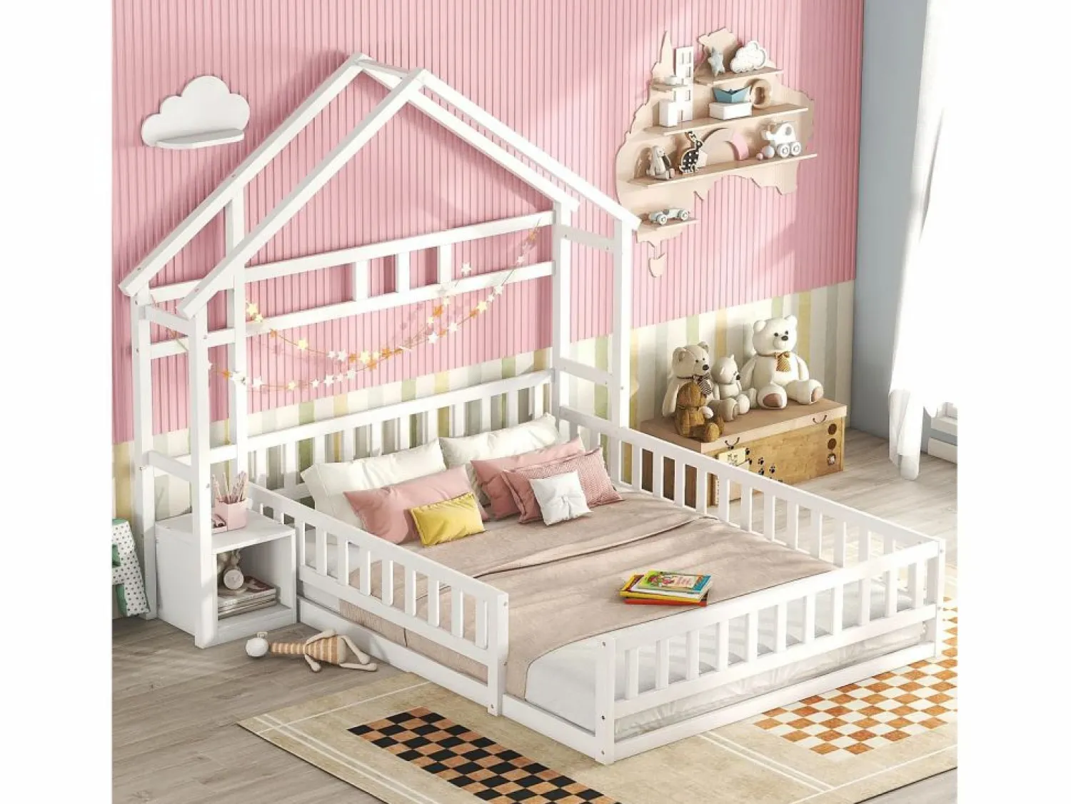 Merax Cama cabina 140 x 200 cm con mesita de noche - Pino y MDF -