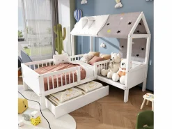 Merax Cama cabina 90 x 200 cm con techo de tela y cajón grande - madera maciza -