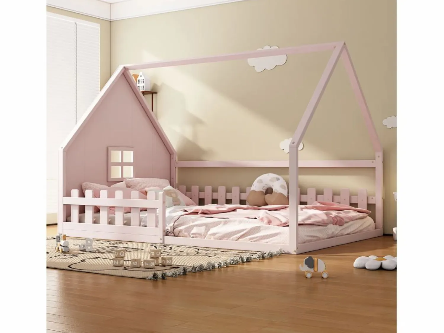 Merax Cama cabina 140 x 200 cm con ventana - Madera de pino + MDF - Somier de láminas incluido -