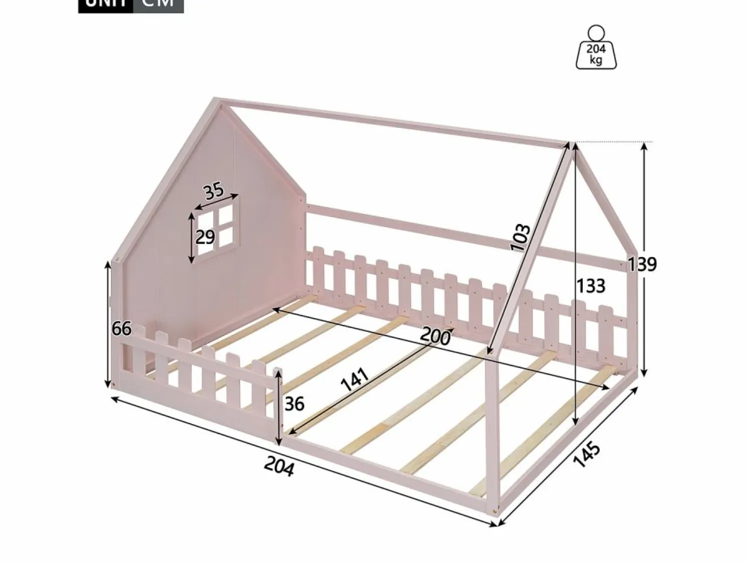 Merax Cama cabina 140 x 200 cm con ventana - Madera de pino + MDF - Somier de láminas incluido -