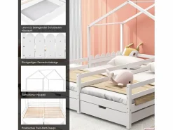 Outlet Cama cabina 2 x 90 x 200 cm con 2 cajones - Madera de pino y MDF - Barras y somier - Cama Montessori