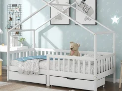 Online Merax Cama cabina con 2 cajones - 90 x 200 cm - madera de pino - somier de láminas - Blanco