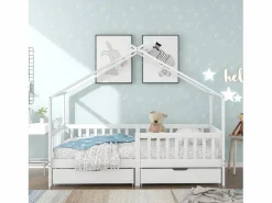 Online Merax Cama cabina con 2 cajones - 90 x 200 cm - madera de pino - somier de láminas - Blanco