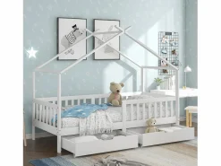 Online Merax Cama cabina con 2 cajones - 90 x 200 cm - madera de pino - somier de láminas - Blanco