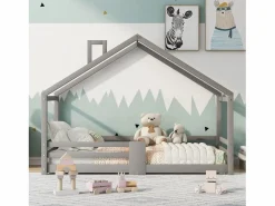 Outlet Merax Cama cabina para niños 90 x 200 cm - madera maciza de pino - barrera y somier - Gris