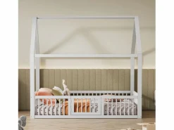 Sale Merax Cama cabina para niños o bebés - 140 x 200 cm - barreras y puerta - somier incluido - madera blanca Blanco