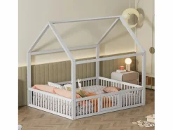 Sale Merax Cama cabina para niños o bebés - 140 x 200 cm - barreras y puerta - somier incluido - madera blanca Blanco
