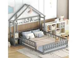 Hot Cama cabina para niños 140x200 cm con mesita de noche y barandillas de seguridad - somier - Cama Montessori