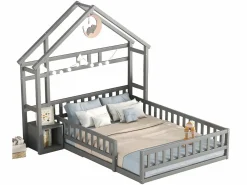 Hot Cama cabina para niños 140x200 cm con mesita de noche y barandillas de seguridad - somier - Cama Montessori