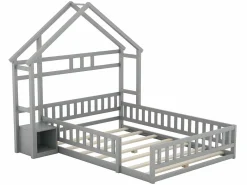 Hot Cama cabina para niños 140x200 cm con mesita de noche y barandillas de seguridad - somier - Cama Montessori