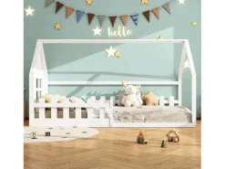 Clearance Cama cabina 140x200 cm - Cama infantil con barandillas de seguridad y somier - pino y MDF - Cama Montessori