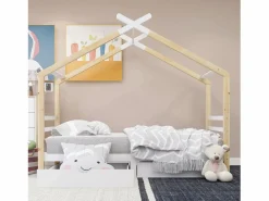 Clearance ModernLuxe Cama cabina 90x200 cm de madera maciza con 2 cajones - Natural & White Color natural claro / Blanco