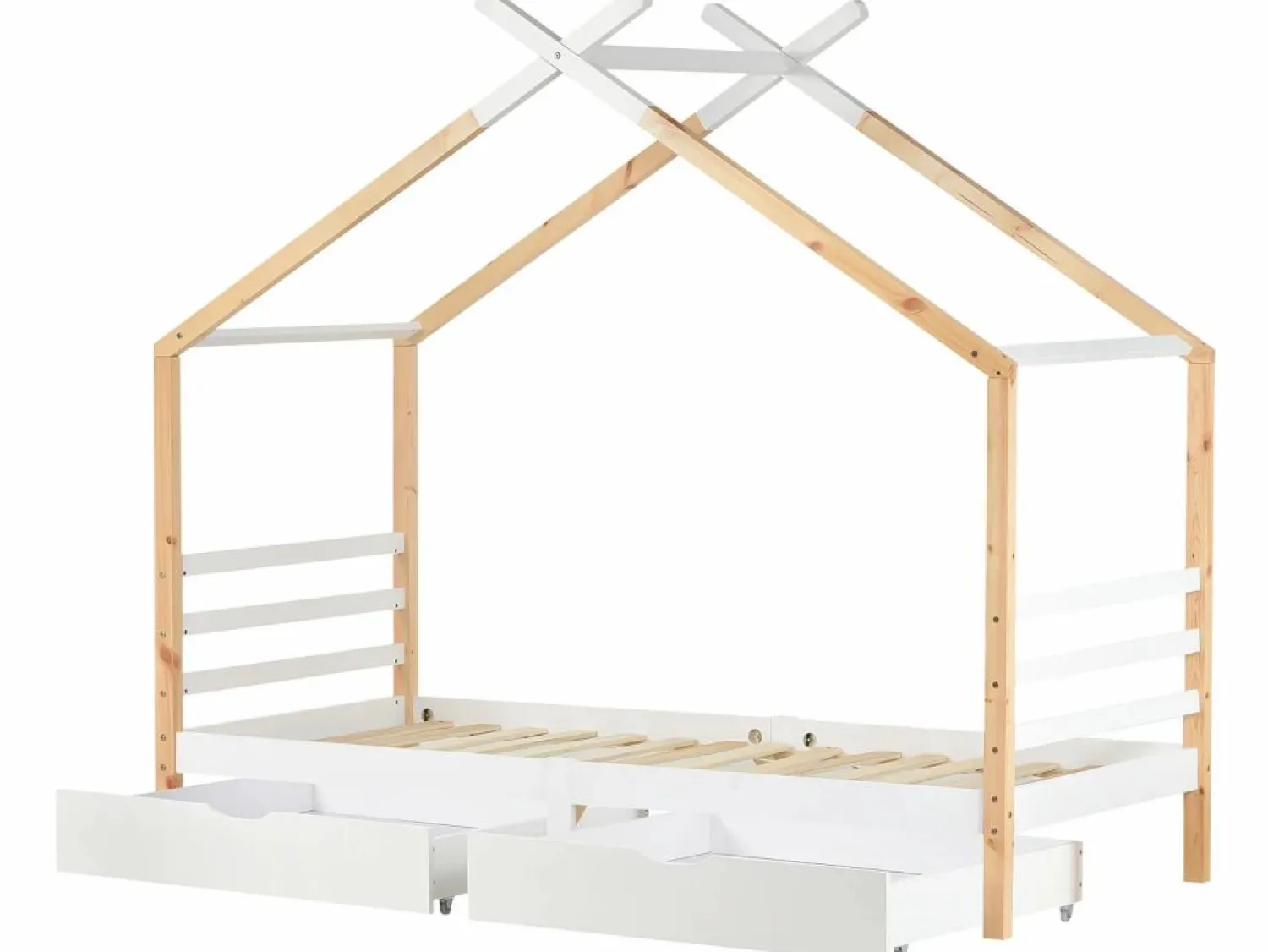 Clearance ModernLuxe Cama cabina 90x200 cm de madera maciza con 2 cajones - Natural & White Color natural claro / Blanco