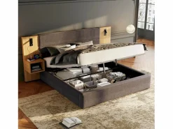 Merax Cama canapé de 180 x 200 cm con gran cabecero y 2 mesitas de noche - Toma USB y 2 lámparas de lectura - Madera y terciopelo - + natural (sin colchón)
