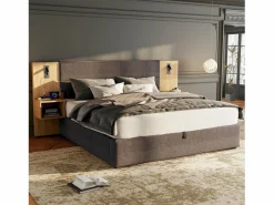 Merax Cama canapé de 180 x 200 cm con gran cabecero y 2 mesitas de noche - Toma USB y 2 lámparas de lectura - Madera y terciopelo - + natural (sin colchón)