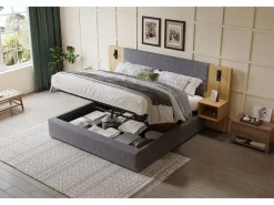 Merax Cama canapé de 180 x 200 cm con gran cabecero y 2 mesitas de noche - Toma USB y 2 lámparas de lectura - Madera y terciopelo - + natural (sin colchón)