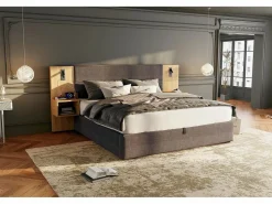 Merax Cama canapé de 180 x 200 cm con gran cabecero y 2 mesitas de noche - Toma USB y 2 lámparas de lectura - Madera y terciopelo - + natural (sin colchón)