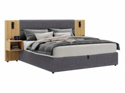Merax Cama canapé de 180 x 200 cm con gran cabecero y 2 mesitas de noche - Toma USB y 2 lámparas de lectura - Madera y terciopelo - + natural (sin colchón)