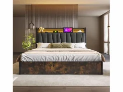 Cama canapé para adulto 180x200cm con estructura de metal - cabecero con USB y LED - lino (sin colchón)