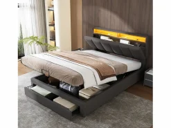 Discount Cama canapé 140x190 cm con cabecero y 2 cajones - LED - Tejido de lino - (sin colchón) Cama Con Canapé