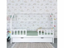New Cama casita con barandilla + 2 cajones madera 90x190cm Blanco