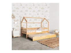 Hot Cama casita con barandilla + cama de arrastre madera pino 90x190cm Beige
