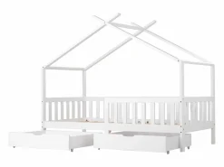 Clearance ModernLuxe Cama casita infantil 90×200 cm - en madera maciza + MDF - con 2 cajones - con protección anti-caídas y somier de láminas - Blanco