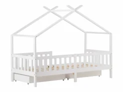 Clearance ModernLuxe Cama casita infantil 90×200 cm - en madera maciza + MDF - con 2 cajones - con protección anti-caídas y somier de láminas - Blanco