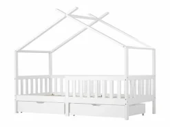 Clearance ModernLuxe Cama casita infantil 90×200 cm - en madera maciza + MDF - con 2 cajones - con protección anti-caídas y somier de láminas - Blanco