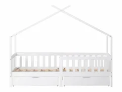 Clearance ModernLuxe Cama casita infantil 90×200 cm - en madera maciza + MDF - con 2 cajones - con protección anti-caídas y somier de láminas - Blanco
