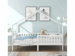 Hot ModernLuxe Cama casita infantil 90×200 cm - en madera maciza + MDF - con protección anti-caídas y somier de láminas - Blanco