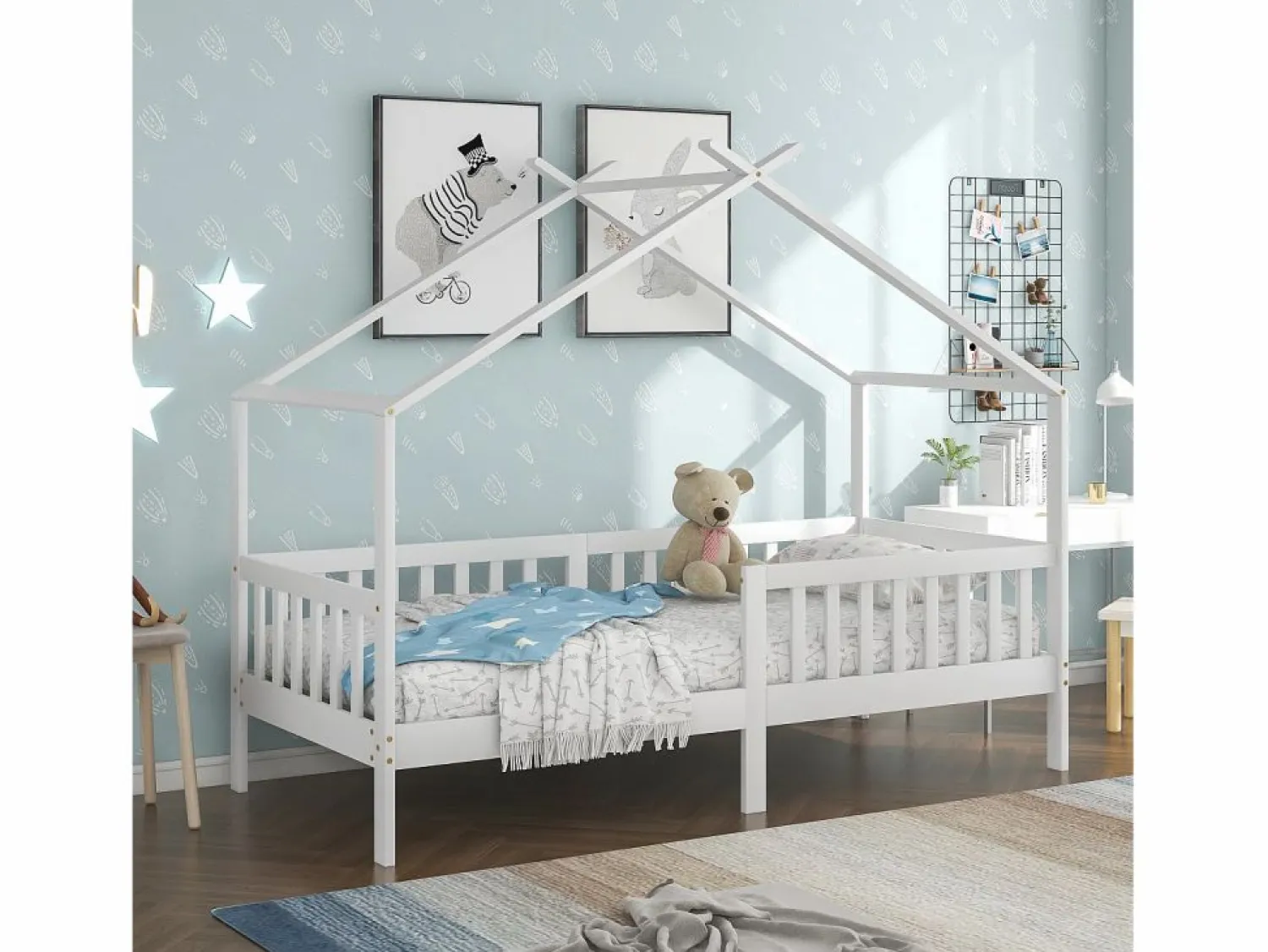 Hot ModernLuxe Cama casita infantil 90×200 cm - en madera maciza + MDF - con protección anti-caídas y somier de láminas - Blanco