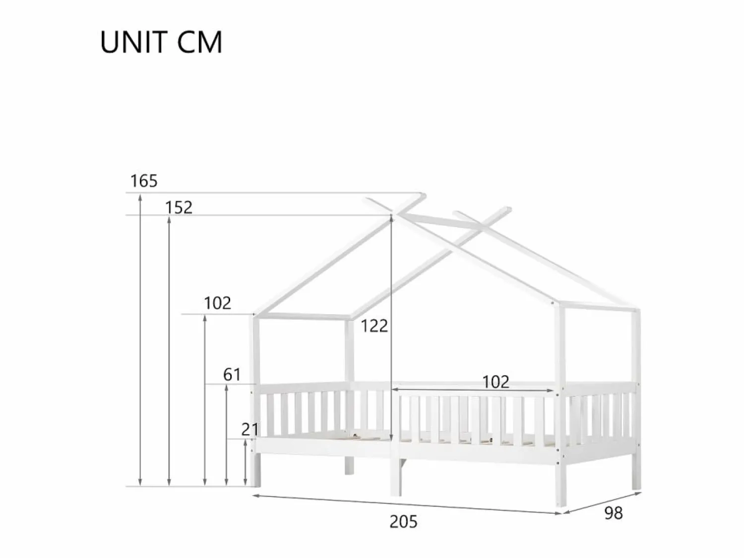 Hot ModernLuxe Cama casita infantil 90×200 cm - en madera maciza + MDF - con protección anti-caídas y somier de láminas - Blanco