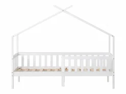 Hot ModernLuxe Cama casita infantil 90×200 cm - en madera maciza + MDF - con protección anti-caídas y somier de láminas - Blanco