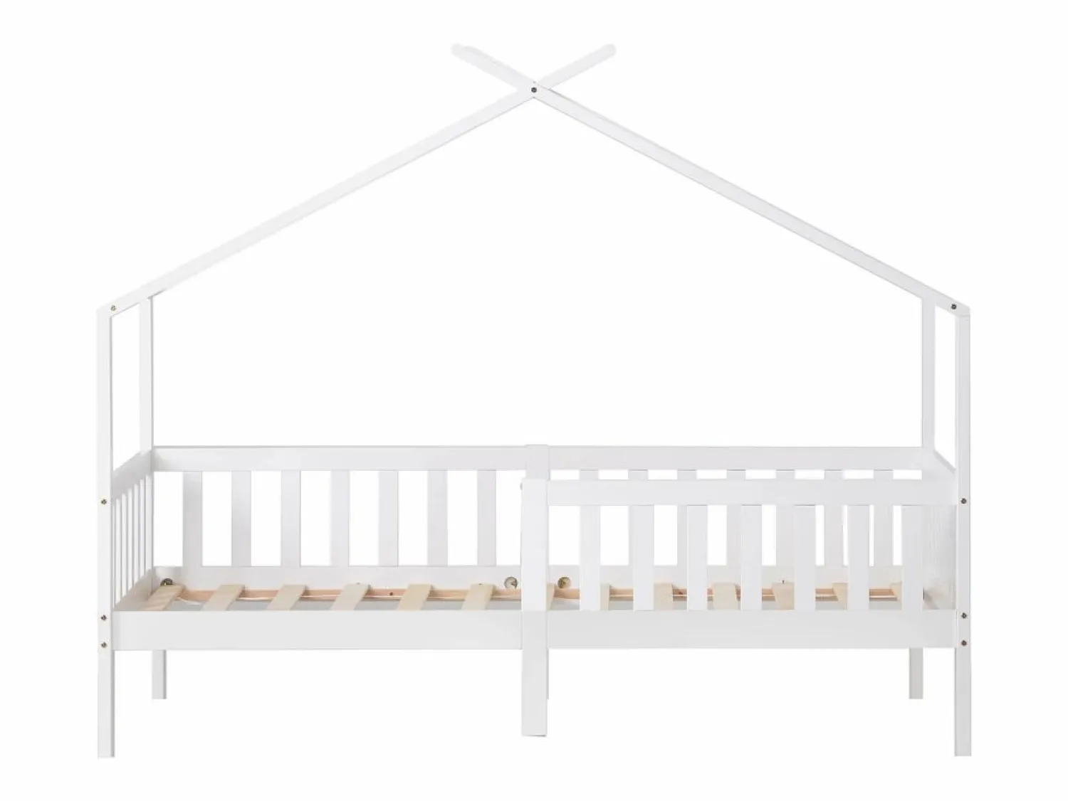 Hot ModernLuxe Cama casita infantil 90×200 cm - en madera maciza + MDF - con protección anti-caídas y somier de láminas - Blanco