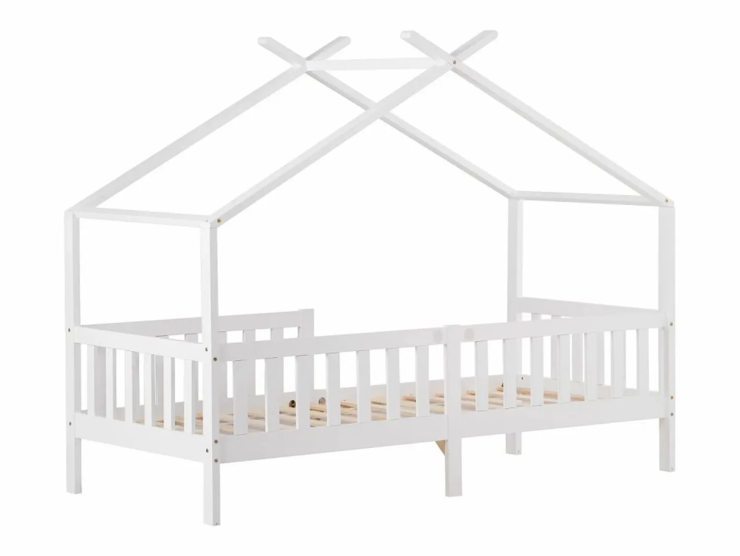 Hot ModernLuxe Cama casita infantil 90×200 cm - en madera maciza + MDF - con protección anti-caídas y somier de láminas - Blanco