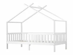 Hot ModernLuxe Cama casita infantil 90×200 cm - en madera maciza + MDF - con protección anti-caídas y somier de láminas - Blanco