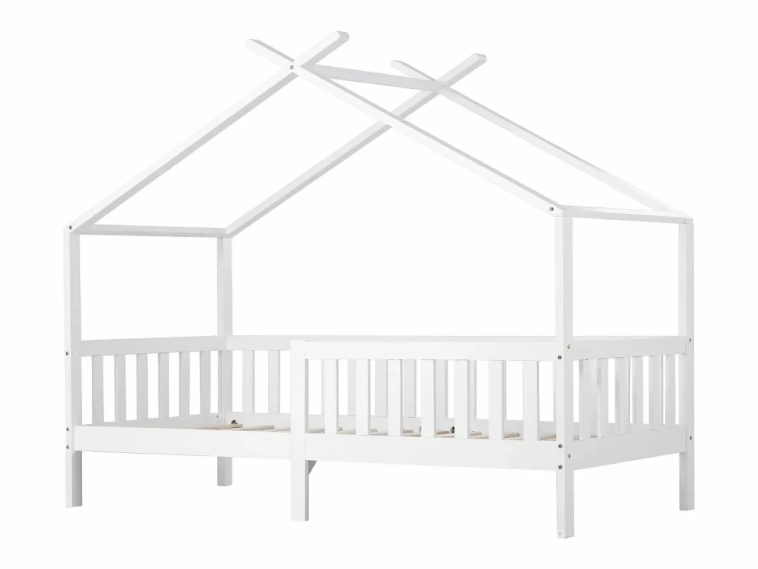 Hot ModernLuxe Cama casita infantil 90×200 cm - en madera maciza + MDF - con protección anti-caídas y somier de láminas - Blanco