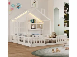 Cama casita infantil 90 x 200 cm - con iluminación LED - con barreras de seguridad - con estantes de almacenamiento - ​ (colchón no incluido) Cama Montessori