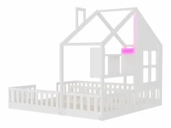 Cama casita infantil 90 x 200 cm - con iluminación LED - con barreras de seguridad - con estantes de almacenamiento - ​ (colchón no incluido) Cama Montessori