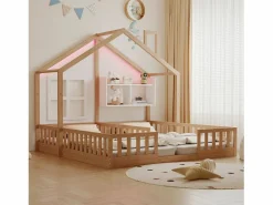 ModernLuxe Cama casita infantil 90 x 200 cm - con iluminación LED - con barreras de seguridad - con estantes de almacenamiento - natural​ (colchón no incluido)