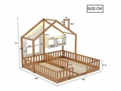 ModernLuxe Cama casita infantil 90 x 200 cm - con iluminación LED - con barreras de seguridad - con estantes de almacenamiento - natural​ (colchón no incluido)