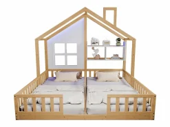 ModernLuxe Cama casita infantil 90 x 200 cm - con iluminación LED - con barreras de seguridad - con estantes de almacenamiento - natural​ (colchón no incluido)