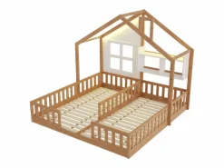 ModernLuxe Cama casita infantil 90 x 200 cm - con iluminación LED - con barreras de seguridad - con estantes de almacenamiento - natural​ (colchón no incluido)