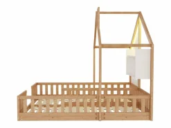 ModernLuxe Cama casita infantil 90 x 200 cm - con iluminación LED - con barreras de seguridad - con estantes de almacenamiento - natural​ (colchón no incluido)