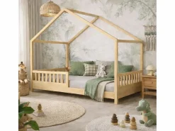Cama casita infantil BOSCO 90x190 cm en madera de pino natural barnizada con somier de lamas – Estilo escandinavo unisex