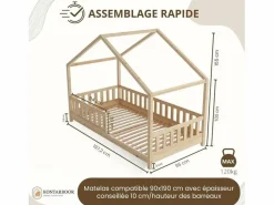 Cama casita infantil BOSCO 90x190 cm en madera de pino natural barnizada con somier de lamas – Estilo escandinavo unisex